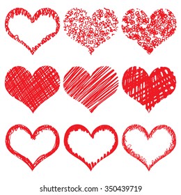 Hand drawn heart shapes, icons in red color for valentines and wedding. Painted collection of grunge vector hearts wedding. Made of chalk and watercolour.