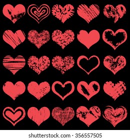 Hand drawn heart shapes, icons in red color for valentines and wedding. Painted collection of grunge vector wedding hearts. Made of chalk, pencil and watercolor.