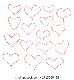 Hand drawn heart shapes set, red isolated on white background, vector illustration.