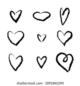 Hand drawn heart shapes set. Grunge elements isolated on white background. Vector illustration.