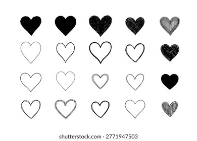 Hand Drawn Heart Shapes Set Sketch Love Icons Doodle Outline And Filled Hearts Collection