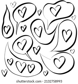 Handgezeichnete Herzblase. Doodle Marker Sprache Cloud und markieren. Schreibe schreit Liebe Herz. Vektorhandgeschriebene Illustration auf Weiß.