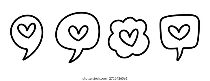 Dibujado a mano icono de la burbuja del discurso del corazón en estilo doodle.