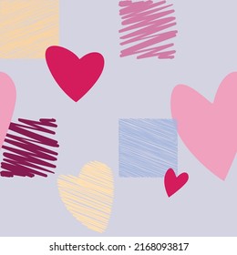 Hand drawn heart, squares
 seamless background, vector illustration