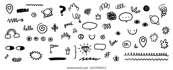 Hand drawn heart star, arrow, crown comic simple set. Speech bubbles underline decoration elements, sparkling exclamations.