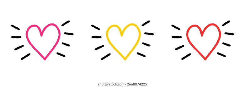 Corazón dibujado a mano con rayos solares, corazón de doodle lindo con rayos de luz, Ilustración vectorial de iconos de corazón de amor abstracto aislado, conjunto de corazón de explosión de sol