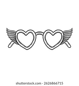 Hand drawn heart sunglasses with wings vector. Sketch style winged heart glasses graphic