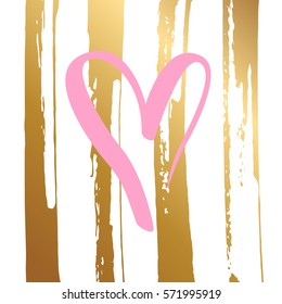 Hand drawn Heart symbol. Creative card template for romantic greetings with brush stroke background. Gold and white colors. Vector illustration.