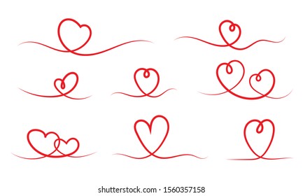 Hand drawn heart symbol set. Doodle love sign. Continuous line drawing