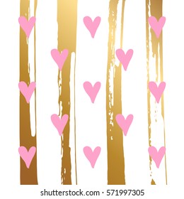 Hand drawn heart symbols pattern. Creative card template for romantic greetings with brush stroke background. Gold and white colors. Vector illustration.