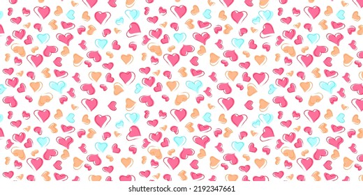 Hand drawn heart vector abstract pattern with various shapes in three colors of red-orange and blue arranged on a blue background.