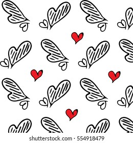 Hand Drawn Heart Vector Icon Seamless Pattern. Love Symbol Sketched Background