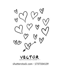 Hand drawn heart vector icons set. Sketch heart in different for cute note love. decorative tribal arrows