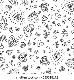 hand drawn heart vector seamless pattern, white background