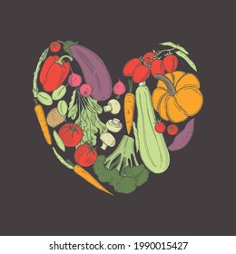 Hand drawn heart of vegetables.  Vector sketch  illustration.  