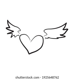 Hand Drawn Heart With Wing on White Background. Love Vector Illustration