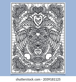 Hand drawn of heart with wings, mandala art