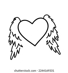Hand drawn heart with wings on white background.