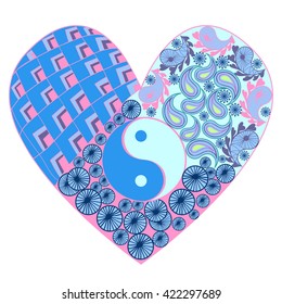 Hand drawn heart with Yin yang  symbol, asian element on white Background. 