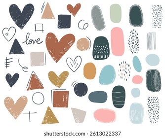 Hand drawn hearts and abstract shapes collection. Dots. Paint strokes, dirty style. Heart doodles set. Grunge texture. 