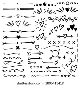 Hand drawn hearts and arrows dividers. Bullet journal web visual note sketch elements. Isolated graphic vector object set.