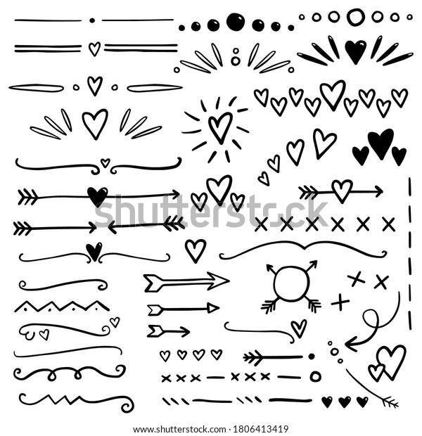 Hand\
drawn hearts and arrows dividers. Bullet journal web visual note\
sketch elements. Isolated graphic vector object\
set.