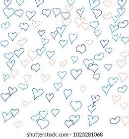 Hand drawn hearts. Background.  Cute simple pattern with falling hearts for cards, posters, banners, Valentine decoration. Vector holiday background. Romantic love motif. Falling confetti.