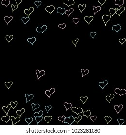 Hand drawn hearts. Background.  Cute simple pattern with falling hearts for Valentine decoration, cards, banners, posters. Vector holiday background. Romantic love motif. Falling confetti.
