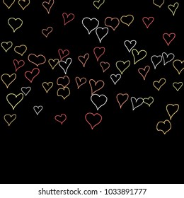 Hand drawn hearts. Background.  Cute simple pattern with falling hearts for Valentine decoration, cards, banners, posters. Vector holiday background. Romantic love motif. Falling confetti.