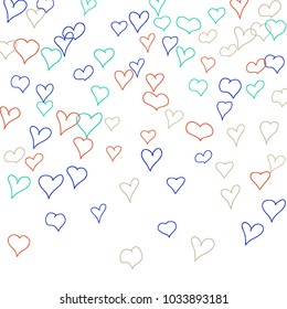Hand drawn hearts. Background.  Cute simple pattern with falling hearts for cards, posters, banners, Valentine decoration. Vector holiday background. Romantic love motif. Falling confetti.