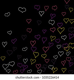Hand drawn hearts. Background.  Cute simple pattern with falling hearts for Valentine decoration, cards, banners, posters. Vector holiday background. Romantic love motif. Falling confetti.
