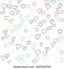 Hand drawn hearts. Background.  Cute simple pattern with falling hearts for Valentine cards, posters, banners. Vector holiday background. Romantic love motif. Falling confetti.