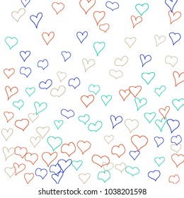 Hand drawn hearts. Background.  Cute simple pattern with falling hearts for Valentine cards, posters, banners. Vector holiday background. Romantic love motif. Falling confetti.