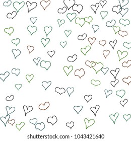 Hand drawn hearts. Background.  Cute simple pattern with falling hearts for Valentine decoration, cards, banners, posters. Vector holiday background. Romantic love motif. Falling confetti.
