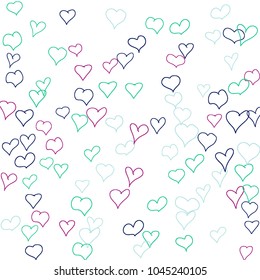 Hand drawn hearts. Background.  Cute simple pattern with falling hearts for Valentine cards, posters, banners. Vector holiday background. Romantic love motif. Falling confetti.