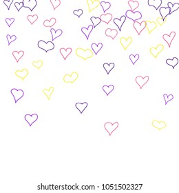 Hand drawn hearts. Background.  Cute simple pattern with falling hearts for Valentine cards, posters, banners. Vector holiday background. Romantic love motif. Falling confetti.