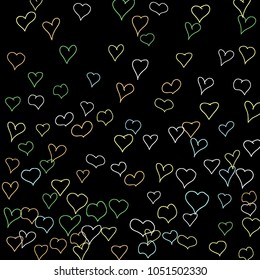 Hand drawn hearts. Background.  Cute simple pattern with falling hearts for Valentine cards, posters, banners. Vector holiday background. Romantic love motif. Falling confetti.