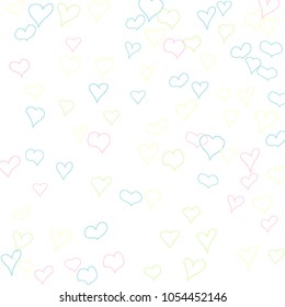 Hand drawn hearts. Background.  Cute simple pattern with falling hearts for Valentine decoration, cards, banners, posters. Vector holiday background. Romantic love motif. Falling confetti.
