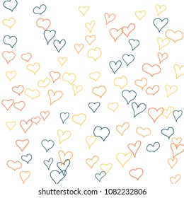 Hand drawn hearts. Background.  Cute simple pattern with falling hearts for cards, posters, banners, Valentine decoration. Vector holiday background. Romantic love motif. Falling confetti.