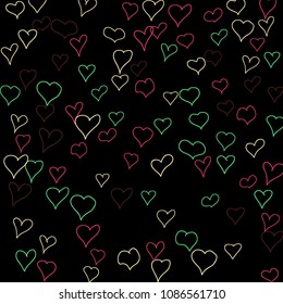 Hand drawn hearts. Background.  Cute simple pattern with falling hearts for cards, posters, banners, Valentine decoration. Vector holiday background. Romantic love motif. Falling confetti.