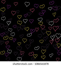 Hand drawn hearts. Background.  Cute simple pattern with falling hearts for Valentine cards, posters, banners. Vector holiday background. Romantic love motif. Falling confetti.