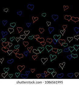 Hand drawn hearts. Background.  Cute simple pattern with falling hearts for cards, posters, banners, Valentine decoration. Vector holiday background. Romantic love motif. Falling confetti.