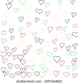 Hand drawn hearts. Background.  Cute simple pattern with falling hearts for Valentine decoration, cards, banners, posters. Vector holiday background. Romantic love motif. Falling confetti.