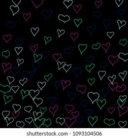 Hand drawn hearts. Background.  Cute simple pattern with falling hearts for Valentine cards, posters, banners. Vector holiday background. Romantic love motif. Falling confetti.