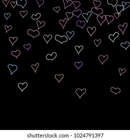 Hand drawn hearts. Background.  Lovely simple pattern with falling hearts for Valentine decoration, cards, banners, posters. Vector holiday background. Romantic love motif. Falling confetti.