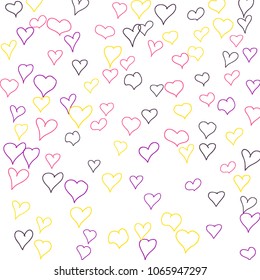 Hand drawn hearts. Background.  Lovely simple pattern with falling hearts for Valentine decoration, cards, banners, posters. Vector holiday background. Romantic love motif. Falling confetti.