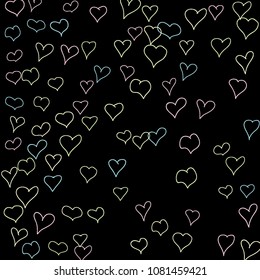 Hand drawn hearts. Background.  Lovely simple pattern with falling hearts for Valentine decoration, cards, banners, posters. Vector holiday background. Romantic love motif. Falling confetti.