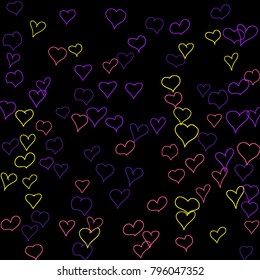 Hand drawn hearts. Background.  Lovely simple pattern with falling hearts for cards, posters, banners, Valentine decoration. Vector holiday background. Romantic love motif. Falling confetti.