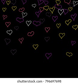 Hand drawn hearts. Background.  Lovely simple pattern with falling hearts for Valentine cards, posters, banners. Vector holiday background. Romantic love motif. Falling confetti.