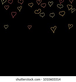 Hand drawn hearts. Background.  Pretty simple pattern with falling hearts for Valentine cards, posters, banners. Vector holiday background. Romantic love motif. Falling confetti.